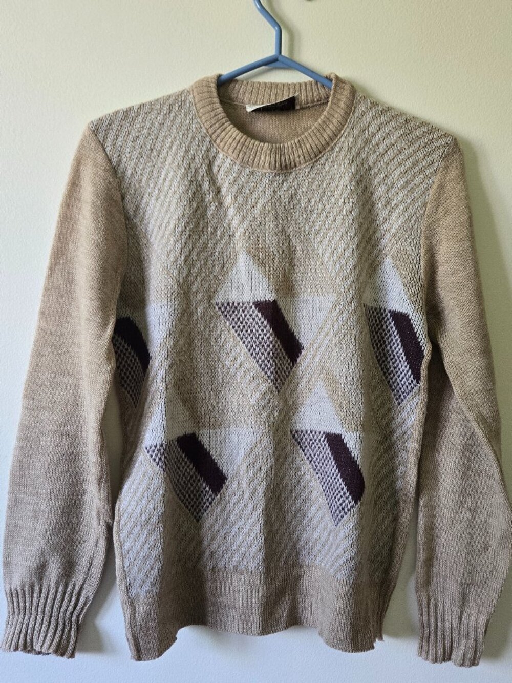 Vintage 70s Cooper Shag-Rac Mohair Blend Geometric Argyle Knit Sweater Tan Beige